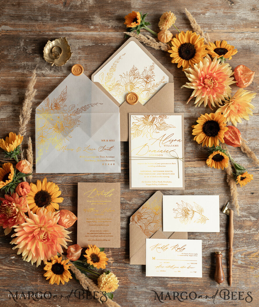 WEDDING INVITATIONS gold / rose gold / silver / glitter Rustic Glam Wedding Invitations, Bespoke Vintage Wedding Cards, Elegant Golden Shine Wedding Invites, Gold Glitter Sunflower Wedding Invites