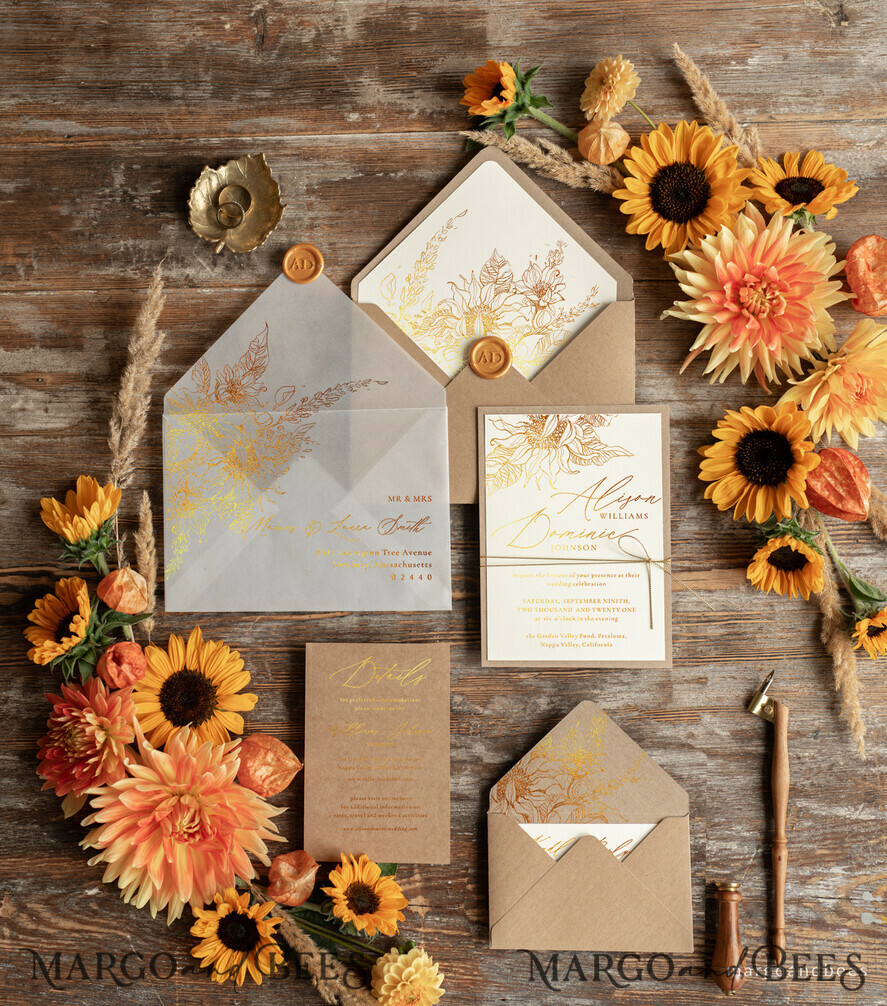 WEDDING INVITATIONS gold / rose gold / silver / glitter Rustic Glam Wedding Invitations, Bespoke Vintage Wedding Cards, Elegant Golden Shine Wedding Invites, Gold Glitter Sunflower Wedding Invites