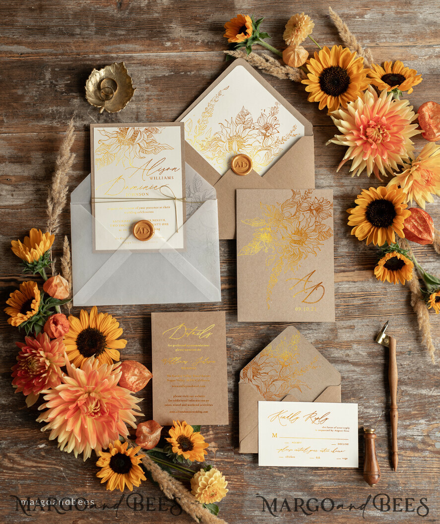WEDDING INVITATIONS gold / rose gold / silver / glitter Rustic Glam Wedding Invitations, Bespoke Vintage Wedding Cards, Elegant Golden Shine Wedding Invites, Gold Glitter Sunflower Wedding Invites