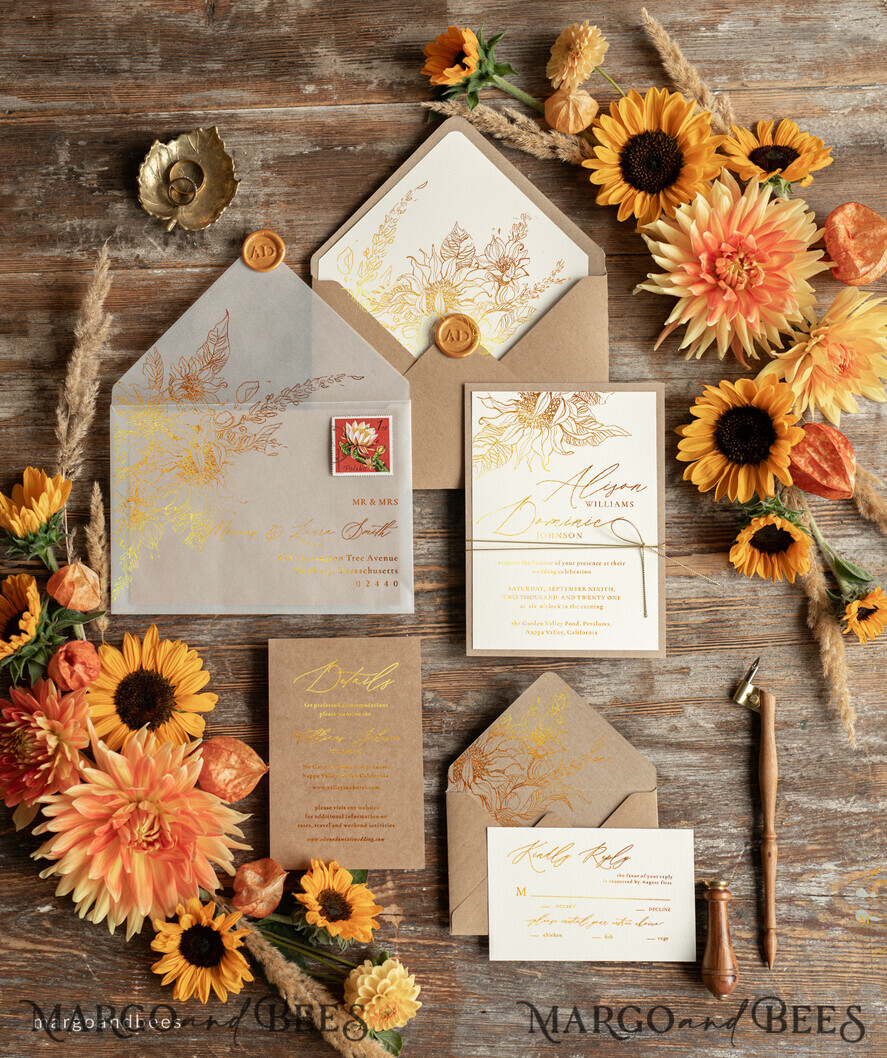 WEDDING INVITATIONS gold / rose gold / silver / glitter Rustic Glam Wedding Invitations, Bespoke Vintage Wedding Cards, Elegant Golden Shine Wedding Invites, Gold Glitter Sunflower Wedding Invites