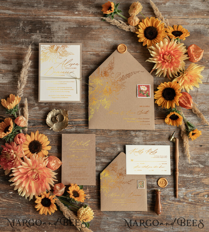 WEDDING INVITATIONS gold / rose gold / silver / glitter Rustic Glam Wedding Invitations, Bespoke Vintage Wedding Cards, Elegant Golden Shine Wedding Invites, Gold Glitter Sunflower Wedding Invites