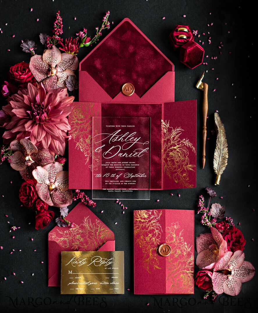 WEDDING INVITATIONS gold / rose gold / silver / glitter Luxory Velvet wedding Invitations, Clear Burgundy Indian Wedding Invites, Glamour Elegant Wedding Cards