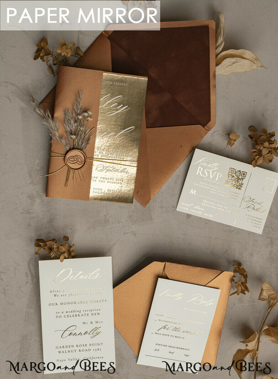 WEDDING INVITATIONS gold / rose gold / silver / glitter Fall Mirror gold Wedding Invitations, Elegant Terracotta Wedding Cards, Burnt orange Acrylic Wedding Invites, Mirror Gold Plexi Wedding Invitation Suite