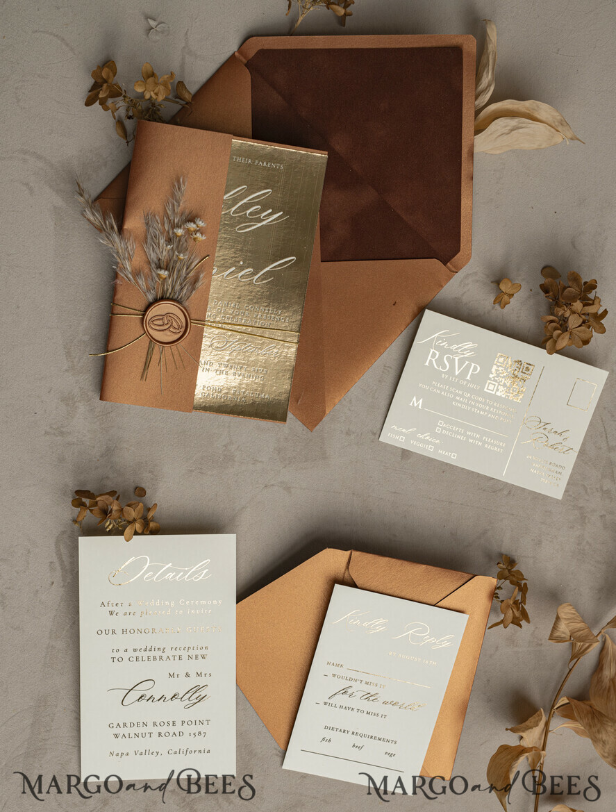 WEDDING INVITATIONS gold / rose gold / silver / glitter Fall Mirror gold Wedding Invitations, Elegant Terracotta Wedding Cards, Burnt orange Acrylic Wedding Invites, Mirror Gold Plexi Wedding Invitation Suite