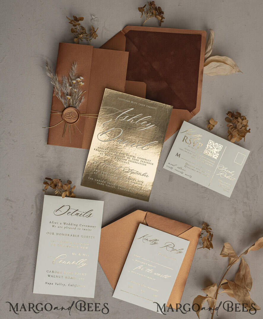 WEDDING INVITATIONS gold / rose gold / silver / glitter Fall Mirror gold Wedding Invitations, Elegant Terracotta Wedding Cards, Burnt orange Acrylic Wedding Invites, Mirror Gold Plexi Wedding Invitation Suite