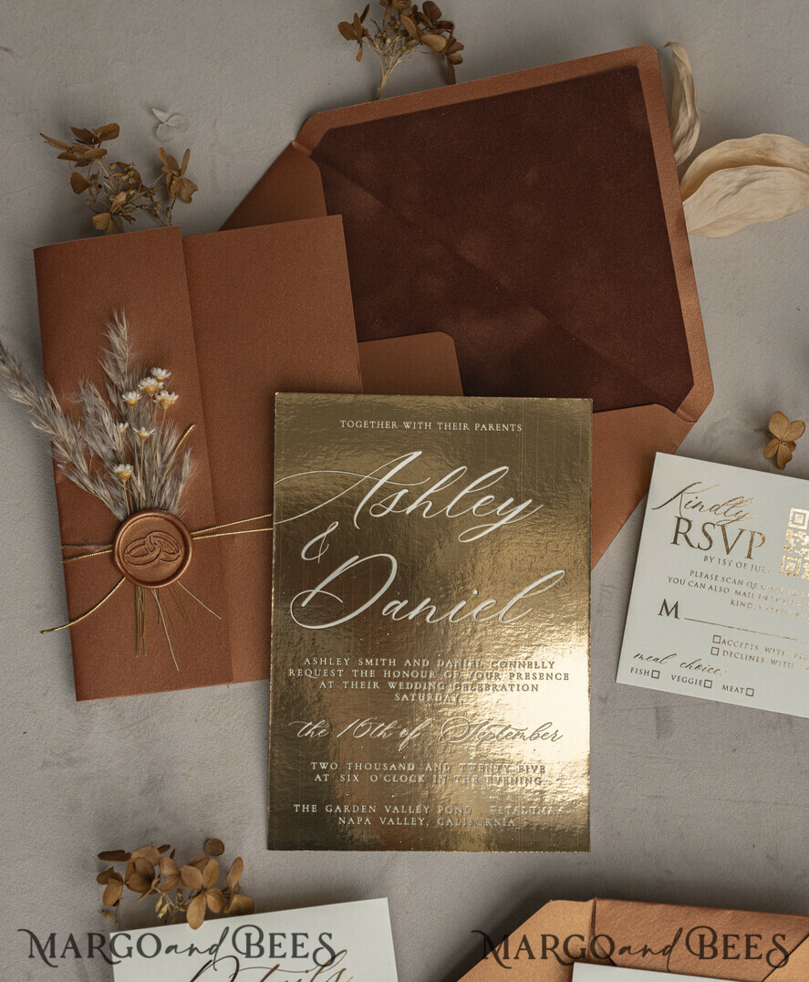 WEDDING INVITATIONS gold / rose gold / silver / glitter Fall Mirror gold Wedding Invitations, Elegant Terracotta Wedding Cards, Burnt orange Acrylic Wedding Invites, Mirror Gold Plexi Wedding Invitation Suite