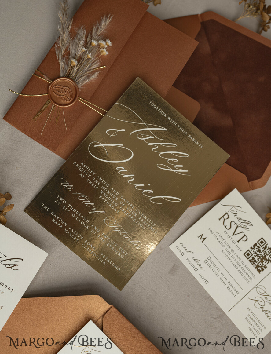 WEDDING INVITATIONS gold / rose gold / silver / glitter Fall Mirror gold Wedding Invitations, Elegant Terracotta Wedding Cards, Burnt orange Acrylic Wedding Invites, Mirror Gold Plexi Wedding Invitation Suite