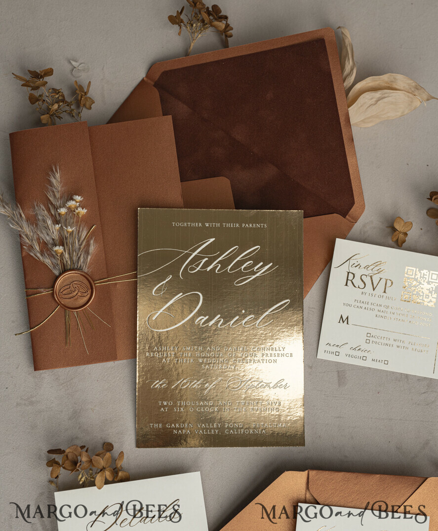 WEDDING INVITATIONS gold / rose gold / silver / glitter Fall Mirror gold Wedding Invitations, Elegant Terracotta Wedding Cards, Burnt orange Acrylic Wedding Invites, Mirror Gold Plexi Wedding Invitation Suite
