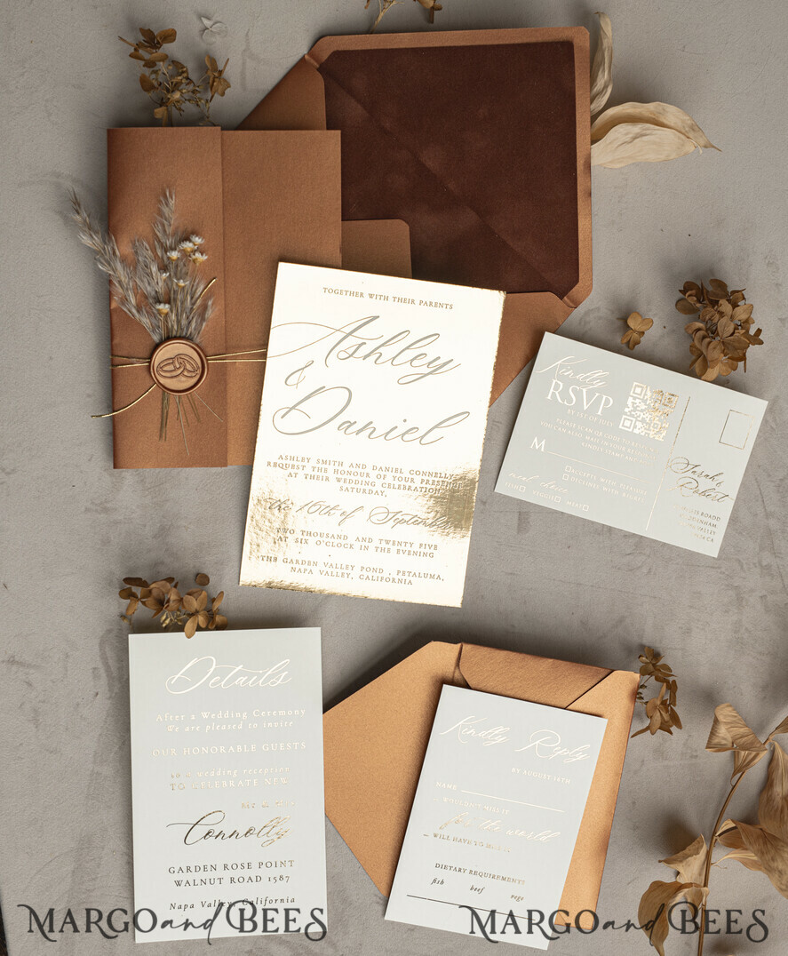 WEDDING INVITATIONS gold / rose gold / silver / glitter Fall Mirror gold Wedding Invitations, Elegant Terracotta Wedding Cards, Burnt orange Acrylic Wedding Invites, Mirror Gold Plexi Wedding Invitation Suite