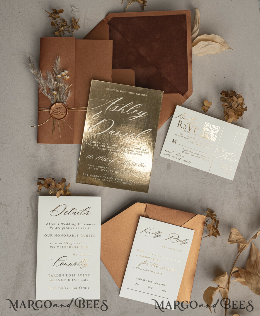WEDDING INVITATIONS gold / rose gold / silver / glitter Fall Mirror gold Wedding Invitations, Elegant Terracotta Wedding Cards, Burnt orange Acrylic Wedding Invites, Mirror Gold Plexi Wedding Invitation Suite