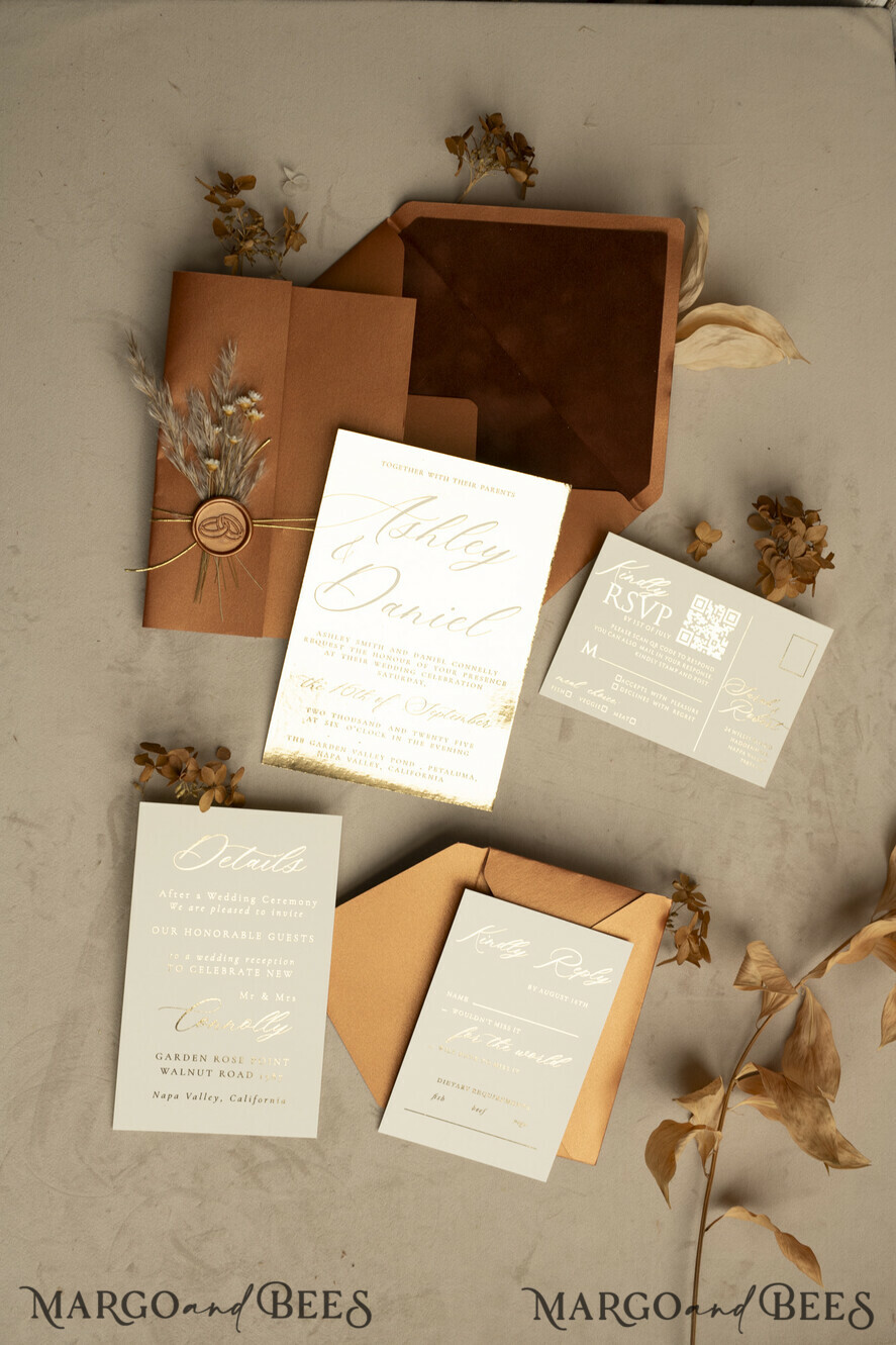 WEDDING INVITATIONS gold / rose gold / silver / glitter Fall Mirror gold Wedding Invitations, Elegant Terracotta Wedding Cards, Burnt orange Acrylic Wedding Invites, Mirror Gold Plexi Wedding Invitation Suite