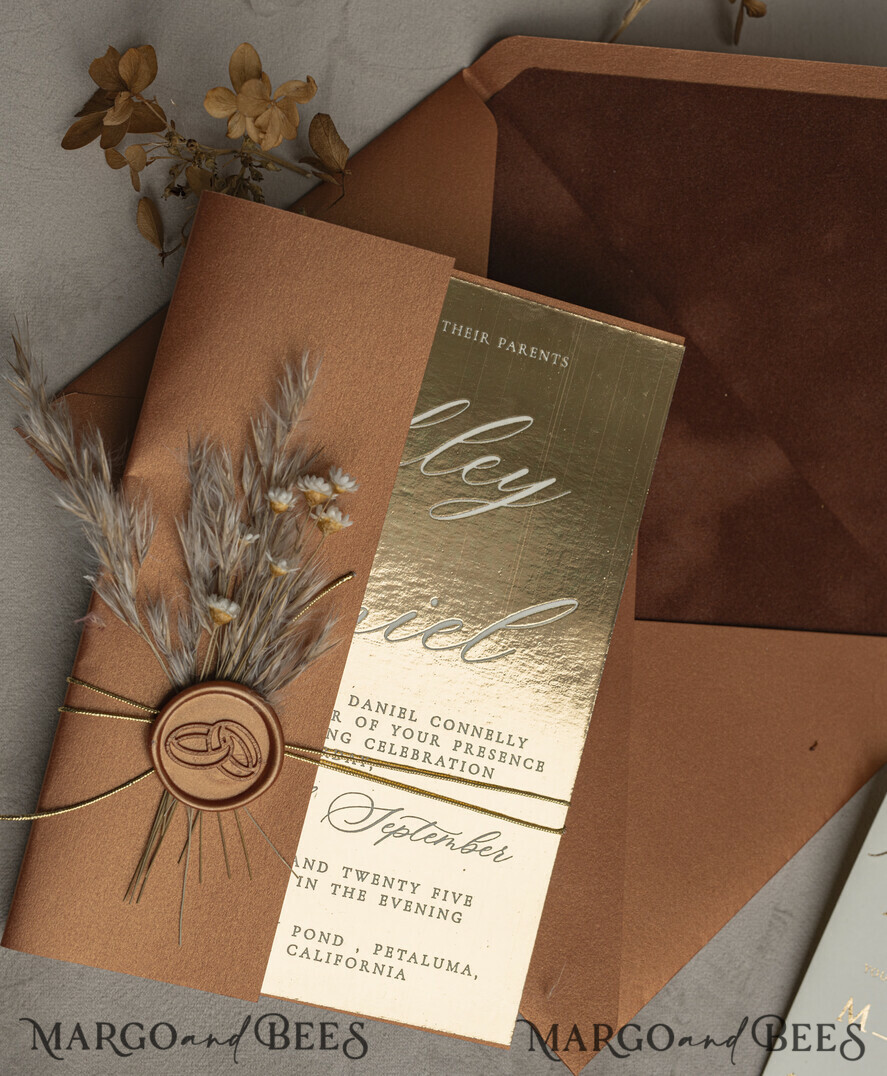 WEDDING INVITATIONS gold / rose gold / silver / glitter Fall Mirror gold Wedding Invitations, Elegant Terracotta Wedding Cards, Burnt orange Acrylic Wedding Invites, Mirror Gold Plexi Wedding Invitation Suite