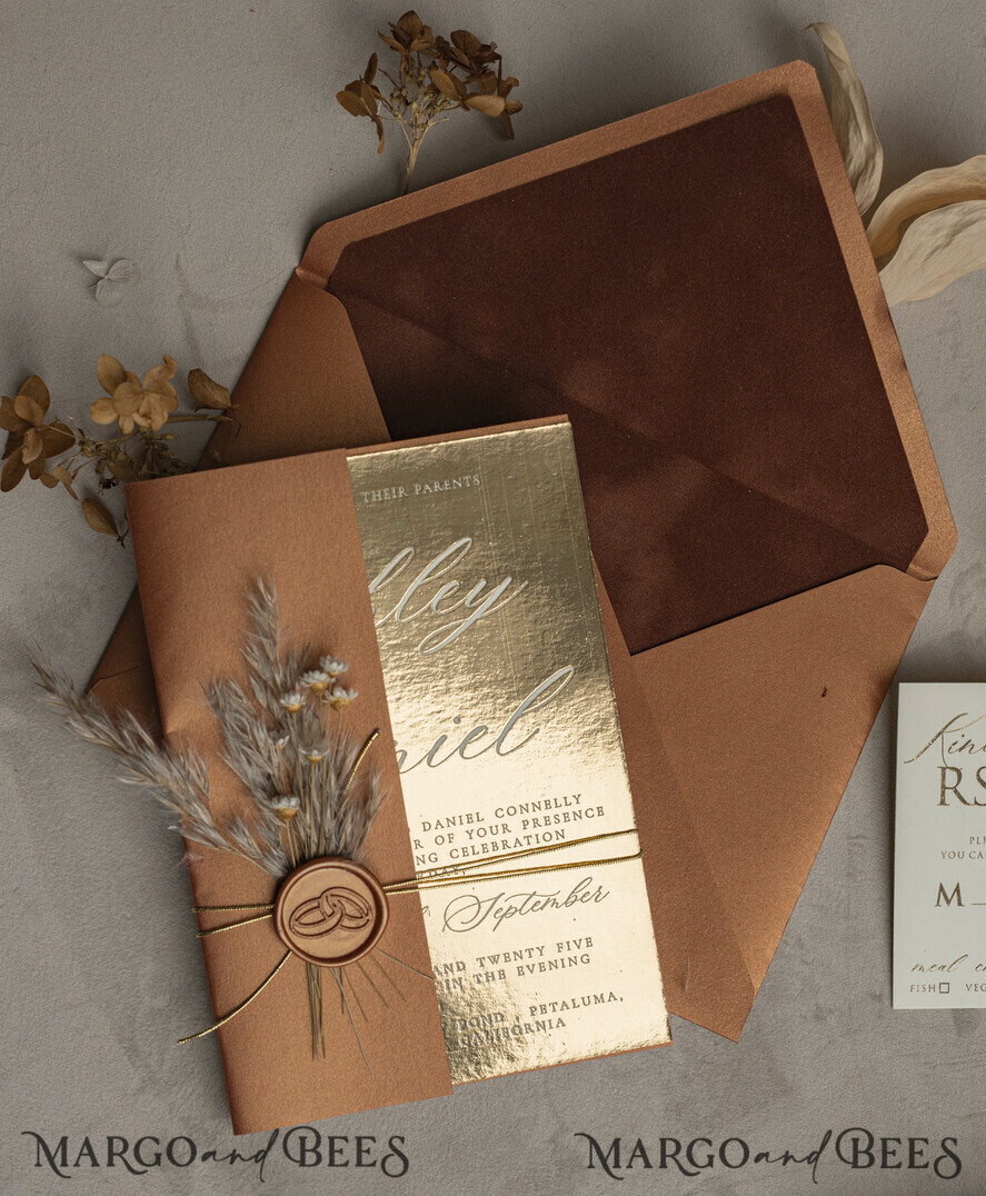 WEDDING INVITATIONS gold / rose gold / silver / glitter Fall Mirror gold Wedding Invitations, Elegant Terracotta Wedding Cards, Burnt orange Acrylic Wedding Invites, Mirror Gold Plexi Wedding Invitation Suite