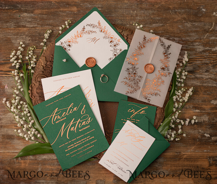 WEDDING INVITATIONS gold / rose gold / silver / glitter Luxury Greenery Gold Wedding Invitations, Elegant Emerald Green Wedding Cards, Bespoke White Vellum Wedding Invitation Suite, Golden Shine Wedding Invites
