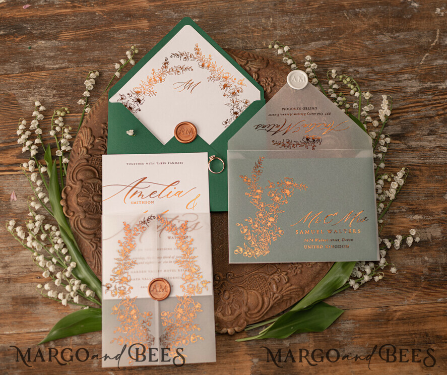 WEDDING INVITATIONS gold / rose gold / silver / glitter Luxury Greenery Gold Wedding Invitations, Elegant Emerald Green Wedding Cards, Bespoke White Vellum Wedding Invitation Suite, Golden Shine Wedding Invites