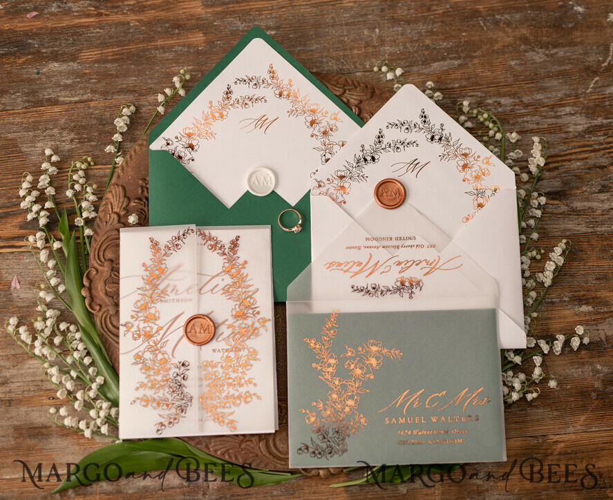 WEDDING INVITATIONS gold / rose gold / silver / glitter Luxury Greenery Gold Wedding Invitations, Elegant Emerald Green Wedding Cards, Bespoke White Vellum Wedding Invitation Suite, Golden Shine Wedding Invites