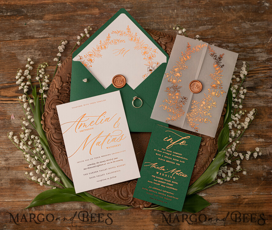 WEDDING INVITATIONS gold / rose gold / silver / glitter Luxury Greenery Gold Wedding Invitations, Elegant Emerald Green Wedding Cards, Bespoke White Vellum Wedding Invitation Suite, Golden Shine Wedding Invites