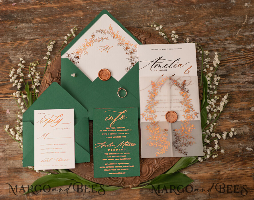 WEDDING INVITATIONS gold / rose gold / silver / glitter Luxury Greenery Gold Wedding Invitations, Elegant Emerald Green Wedding Cards, Bespoke White Vellum Wedding Invitation Suite, Golden Shine Wedding Invites