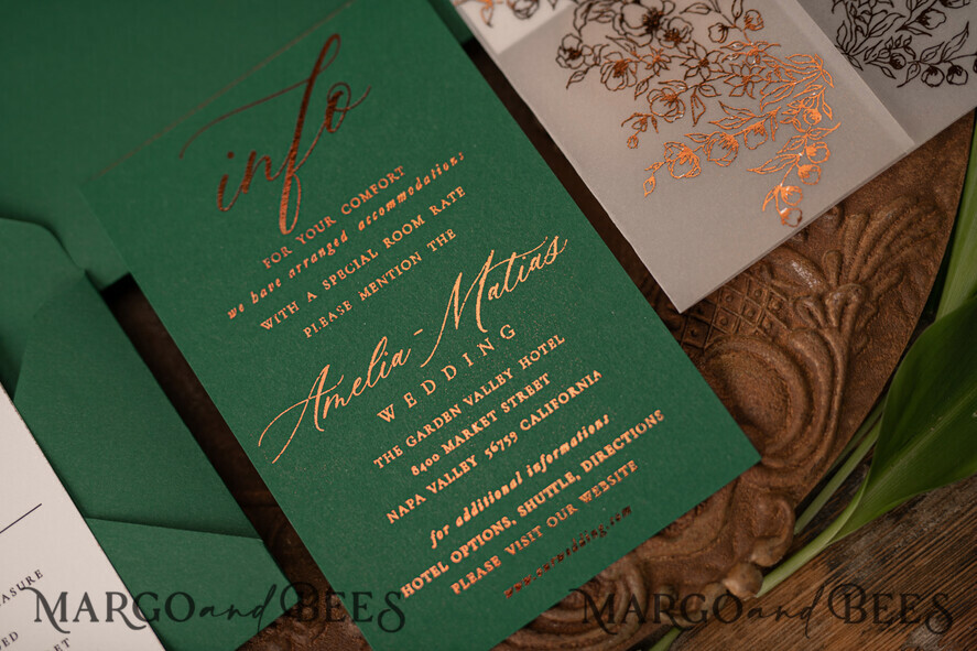WEDDING INVITATIONS gold / rose gold / silver / glitter Luxury Greenery Gold Wedding Invitations, Elegant Emerald Green Wedding Cards, Bespoke White Vellum Wedding Invitation Suite, Golden Shine Wedding Invites