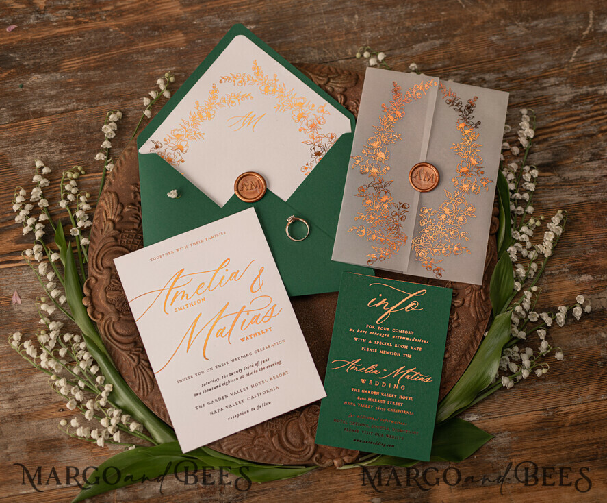 WEDDING INVITATIONS gold / rose gold / silver / glitter Luxury Greenery Gold Wedding Invitations, Elegant Emerald Green Wedding Cards, Bespoke White Vellum Wedding Invitation Suite, Golden Shine Wedding Invites