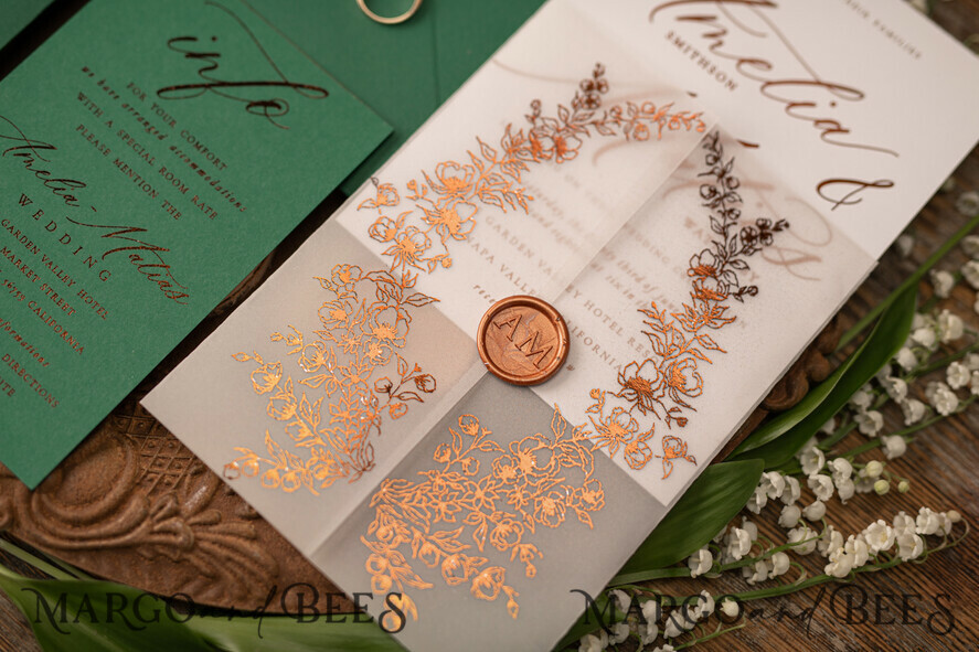 WEDDING INVITATIONS gold / rose gold / silver / glitter Luxury Greenery Gold Wedding Invitations, Elegant Emerald Green Wedding Cards, Bespoke White Vellum Wedding Invitation Suite, Golden Shine Wedding Invites