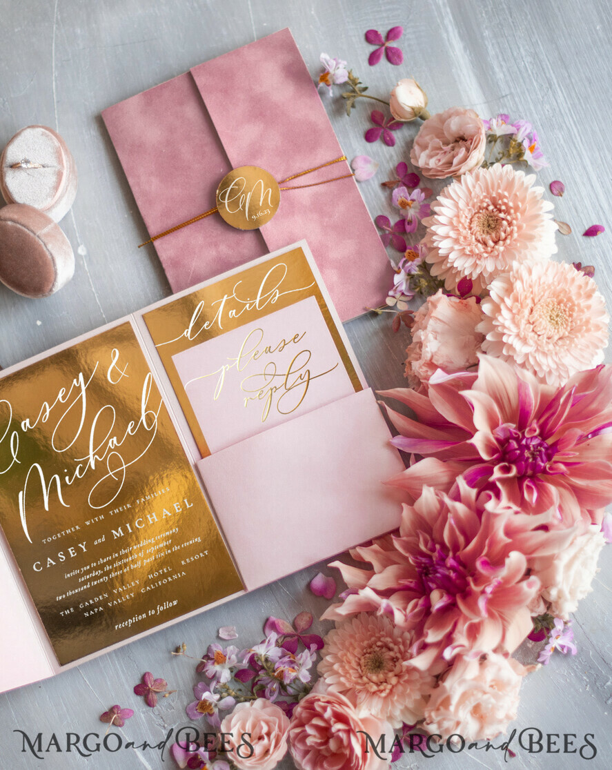 WEDDING INVITATIONS gold / rose gold / silver / glitter Luxury Velvet Wedding Invitations, Romantic Blush Pink Wedding Cards, Glamour Golden Shine Wedding Invites, Elegant Pink Wedding Invitation Suite