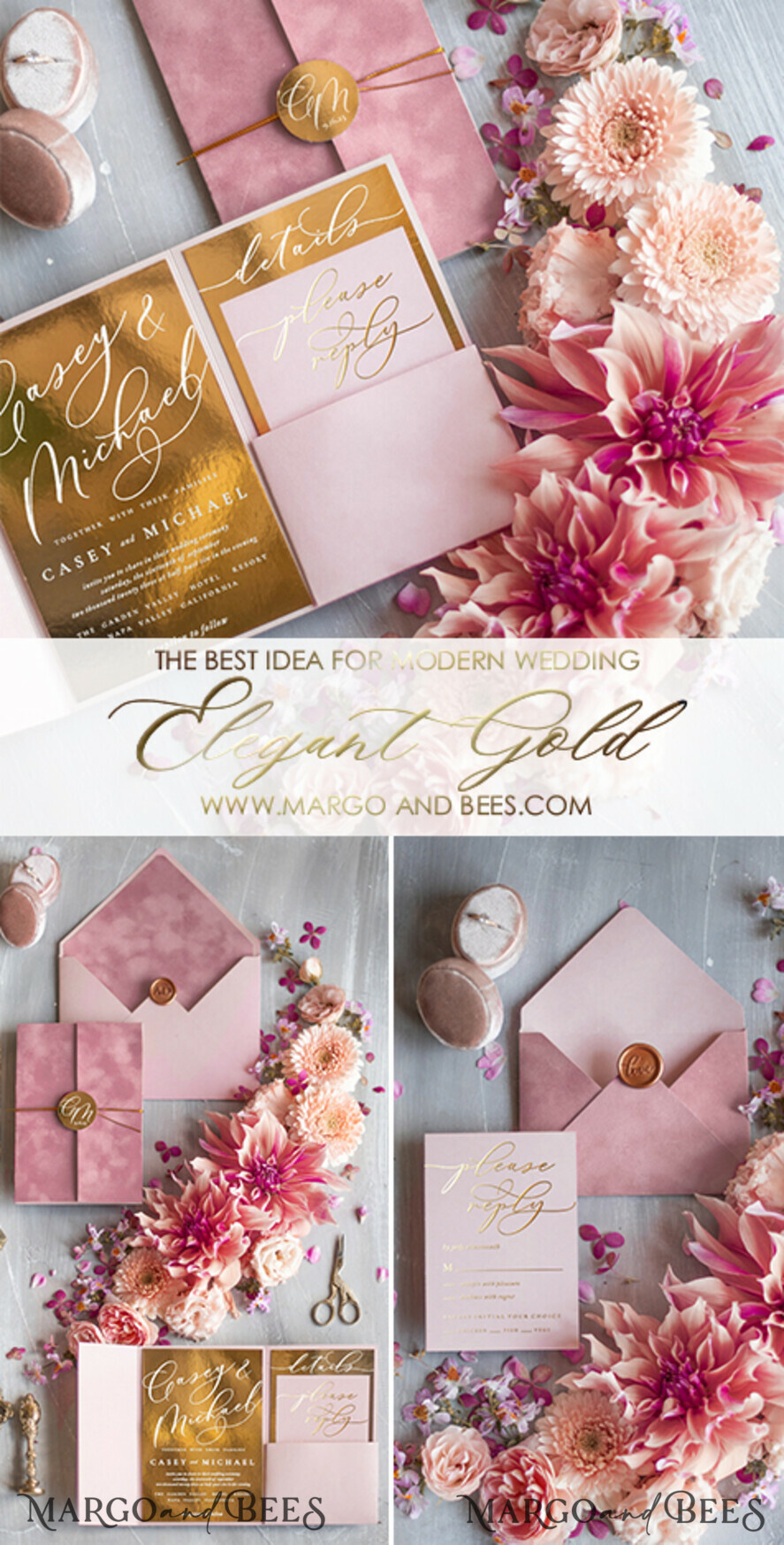 WEDDING INVITATIONS gold / rose gold / silver / glitter Luxury Velvet Wedding Invitations, Romantic Blush Pink Wedding Cards, Glamour Golden Shine Wedding Invites, Elegant Pink Wedding Invitation Suite