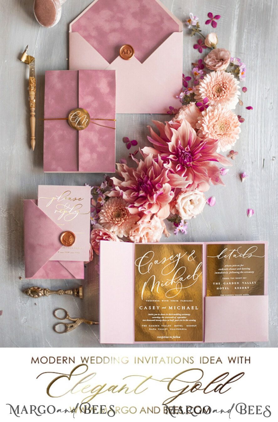 WEDDING INVITATIONS gold / rose gold / silver / glitter Luxury Velvet Wedding Invitations, Romantic Blush Pink Wedding Cards, Glamour Golden Shine Wedding Invites, Elegant Pink Wedding Invitation Suite