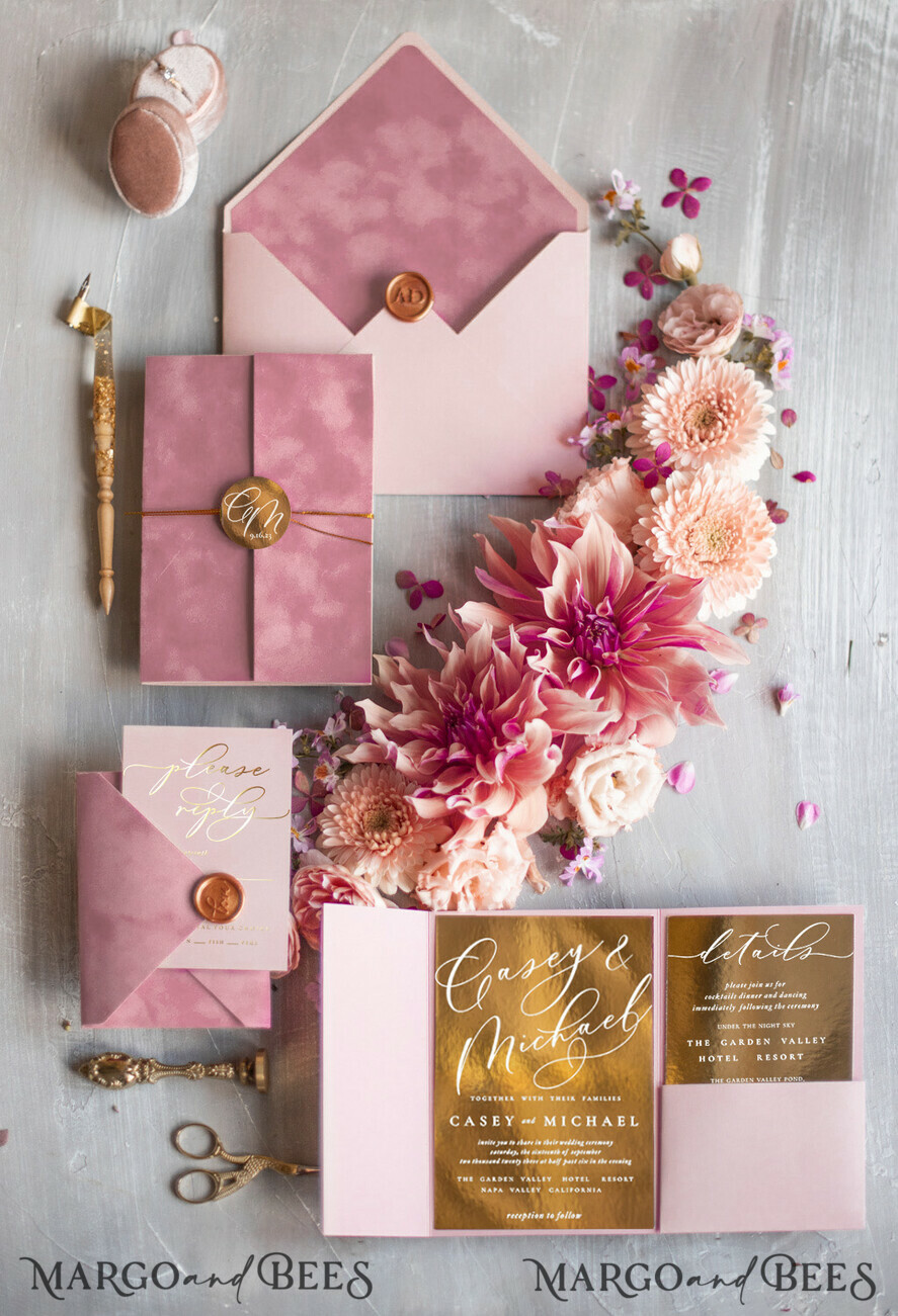 WEDDING INVITATIONS gold / rose gold / silver / glitter Luxury Velvet Wedding Invitations, Romantic Blush Pink Wedding Cards, Glamour Golden Shine Wedding Invites, Elegant Pink Wedding Invitation Suite