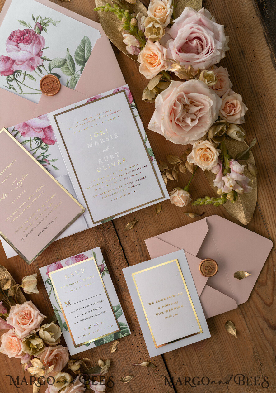 WEDDING INVITATIONS gold / rose gold / silver / glitter Luxury Gold Foil Wedding Invites, Elegant Pocketfold Wedding Invitations, Glamour Blush Pink Wedding Cards, Romantic Floral Wedding Invitation Suite