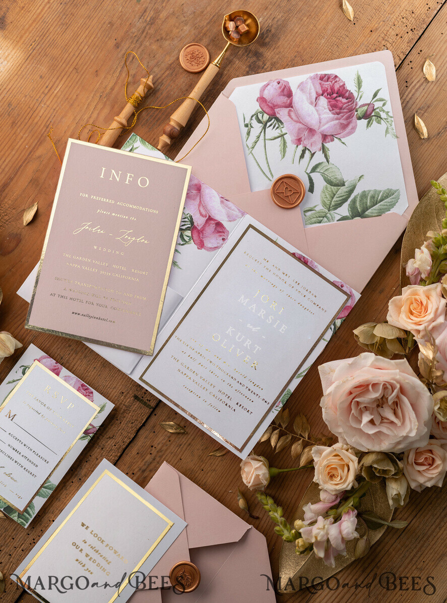 WEDDING INVITATIONS gold / rose gold / silver / glitter Luxury Gold Foil Wedding Invites, Elegant Pocketfold Wedding Invitations, Glamour Blush Pink Wedding Cards, Romantic Floral Wedding Invitation Suite