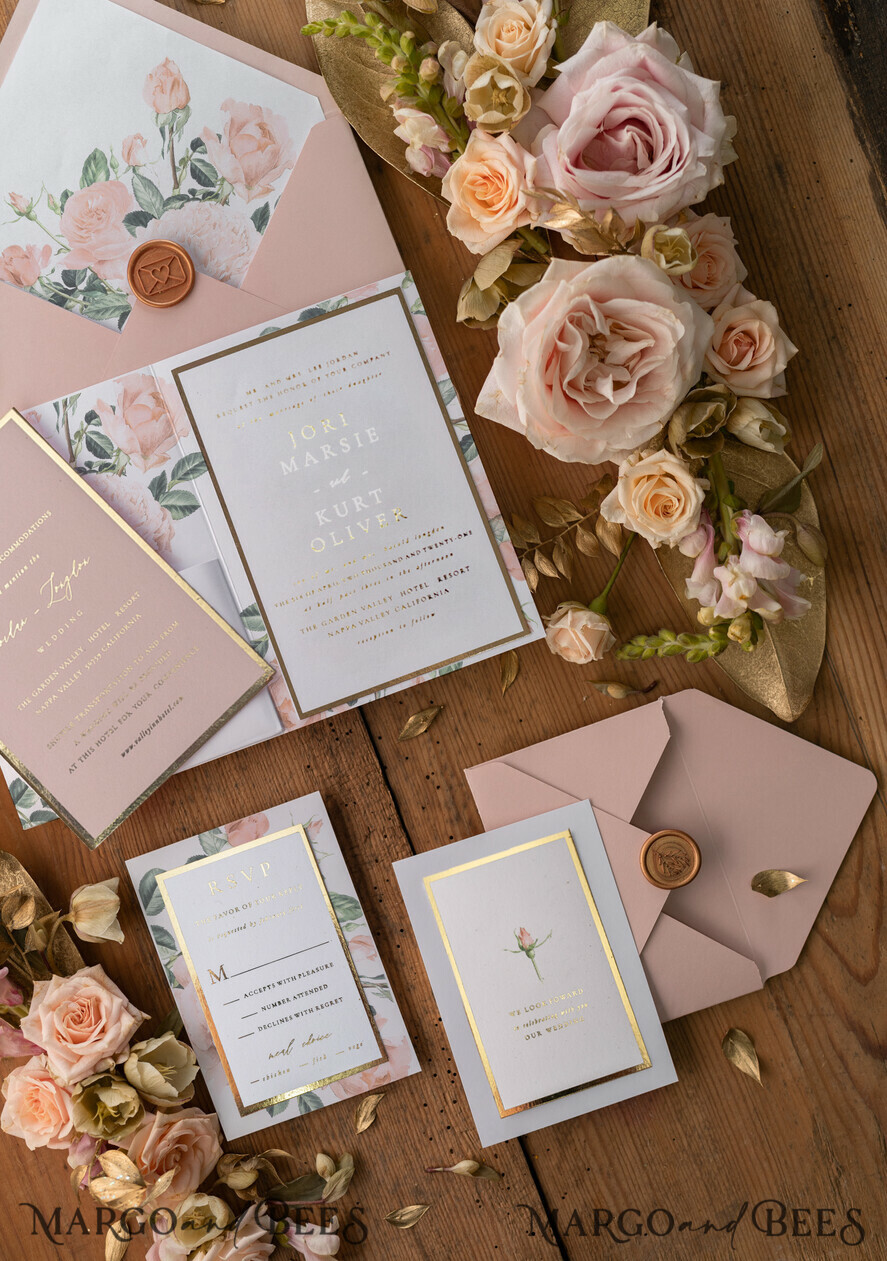 WEDDING INVITATIONS gold / rose gold / silver / glitter Rose Gold Wedding Invitations Geometric Gold Foil Lettering with Vinatge Roses Vellum envelope and Wax Seal