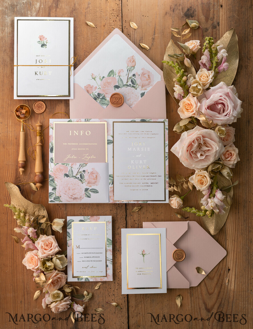 WEDDING INVITATIONS gold / rose gold / silver / glitter Rose Gold Wedding Invitations Geometric Gold Foil Lettering with Vinatge Roses Vellum envelope and Wax Seal