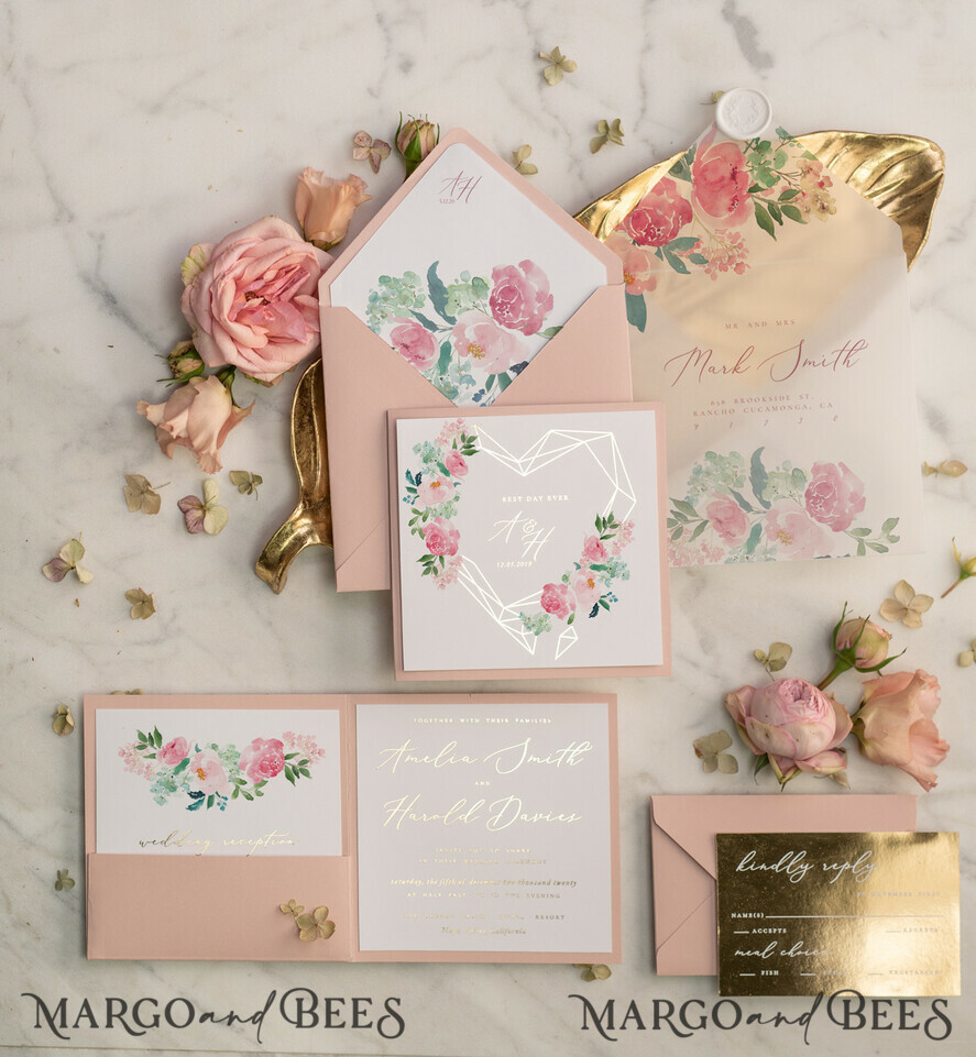 WEDDING INVITATIONS gold / rose gold / silver / glitter Luxury Blush Pink Wedding Invites, Glamour Gold Foil Wedding Invitations, Elegant Floral Wedding Invitation Suite, Romantic Golden Shine Wedding Cards