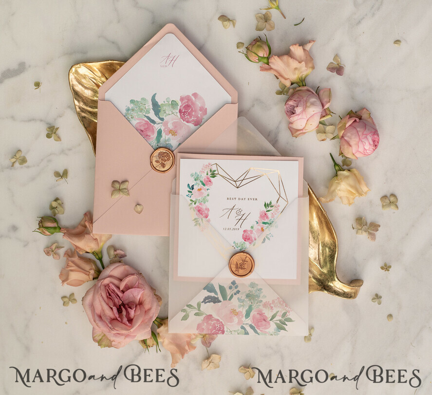 WEDDING INVITATIONS gold / rose gold / silver / glitter Luxury Blush Pink Wedding Invites, Glamour Gold Foil Wedding Invitations, Elegant Floral Wedding Invitation Suite, Romantic Golden Shine Wedding Cards