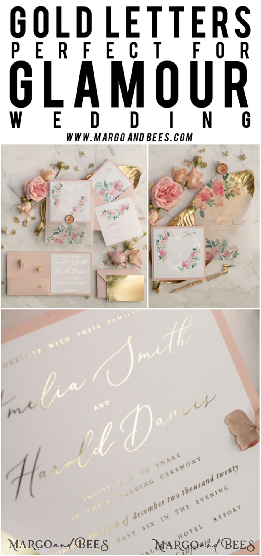 WEDDING INVITATIONS gold / rose gold / silver / glitter Luxury Blush Pink Wedding Invites, Glamour Gold Foil Wedding Invitations, Elegant Floral Wedding Invitation Suite, Romantic Golden Shine Wedding Cards