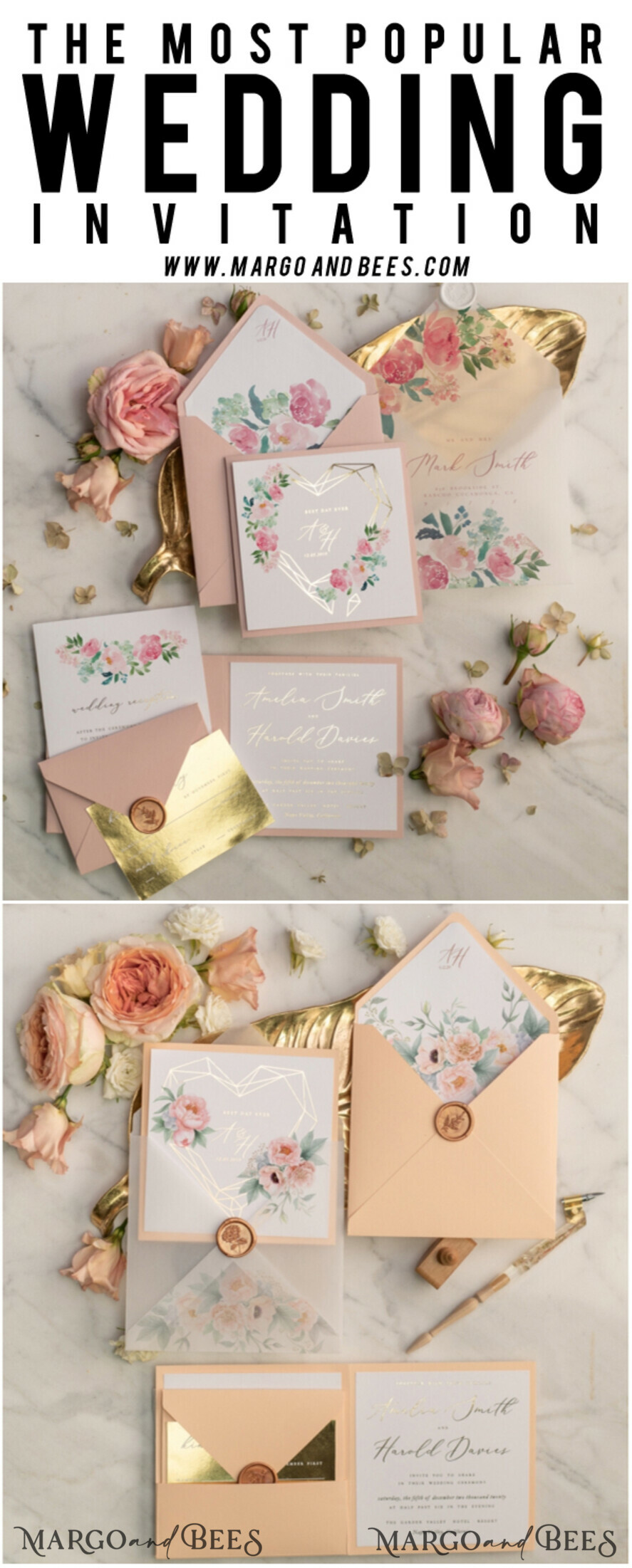 WEDDING INVITATIONS gold / rose gold / silver / glitter Luxury Blush Pink Wedding Invites, Glamour Gold Foil Wedding Invitations, Elegant Floral Wedding Invitation Suite, Romantic Golden Shine Wedding Cards