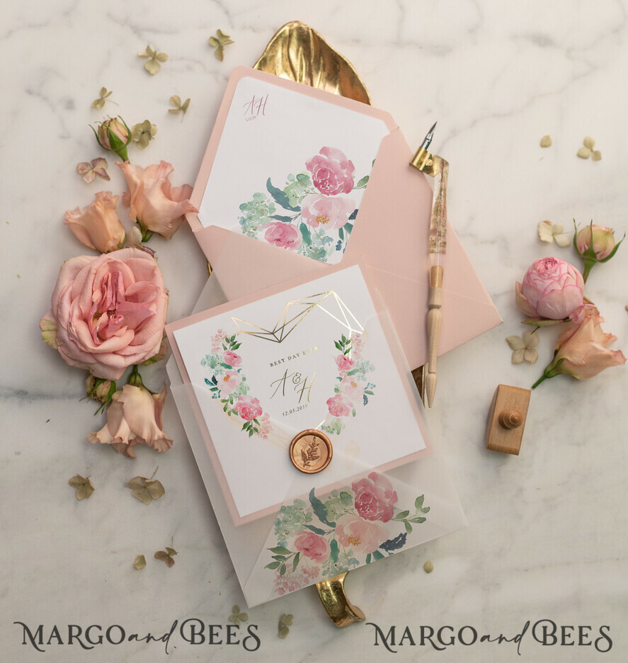 WEDDING INVITATIONS gold / rose gold / silver / glitter Luxury Blush Pink Wedding Invites, Glamour Gold Foil Wedding Invitations, Elegant Floral Wedding Invitation Suite, Romantic Golden Shine Wedding Cards