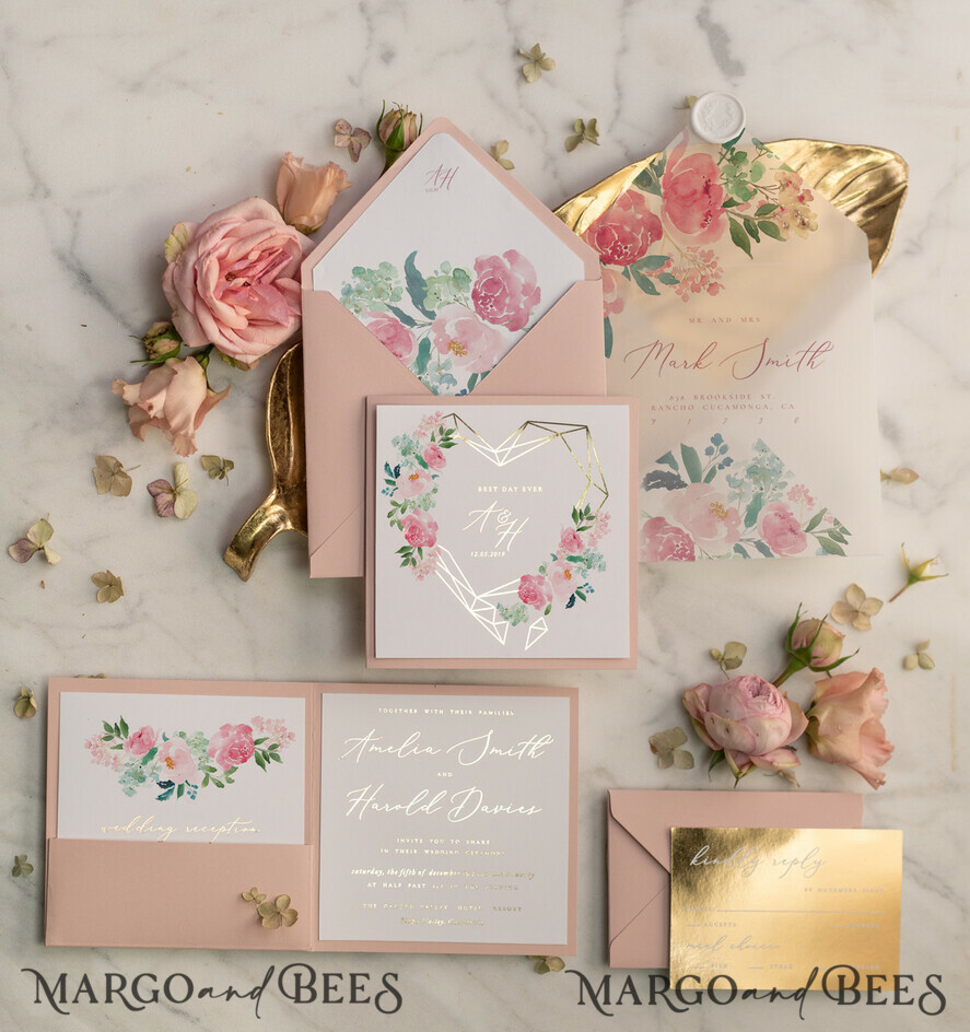 WEDDING INVITATIONS gold / rose gold / silver / glitter Luxury Blush Pink Wedding Invites, Glamour Gold Foil Wedding Invitations, Elegant Floral Wedding Invitation Suite, Romantic Golden Shine Wedding Cards