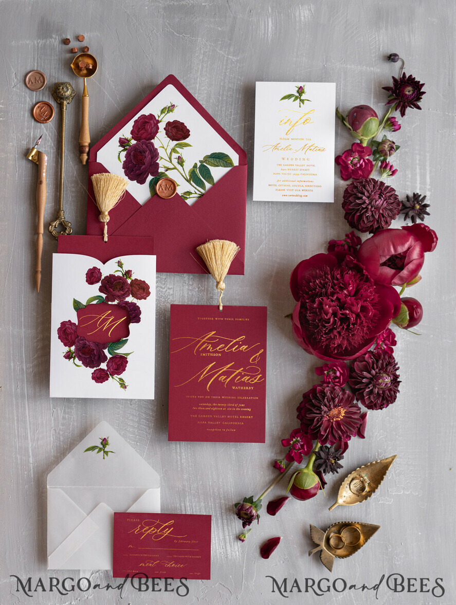 WEDDING INVITATIONS gold / rose gold / silver / glitter Red wedding invitations, red and white wedding invitations, red and gold wedding invitations, vellum paper, vellum envelope, tracing paper, envelope liner, red flowers, floral wedding invitations, deep red wedding invitations, dark red cards, gold tassel, golden tassel, pocket wedding invitations, gold wedding, gold foil print out, red and gold wedding, floral design, graphic design, wax seals, envelope addressing
