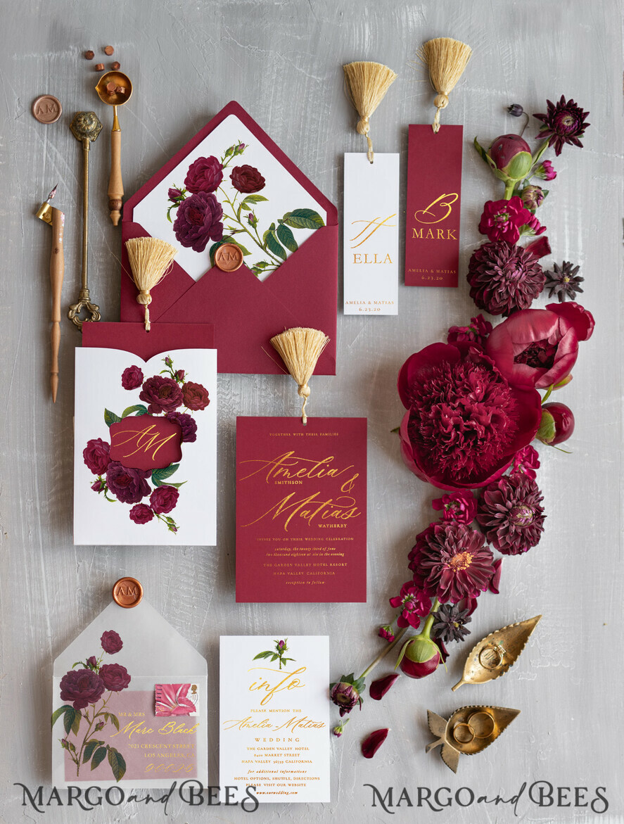 WEDDING INVITATIONS gold / rose gold / silver / glitter Red wedding invitations, red and white wedding invitations, red and gold wedding invitations, vellum paper, vellum envelope, tracing paper, envelope liner, red flowers, floral wedding invitations, deep red wedding invitations, dark red cards, gold tassel, golden tassel, pocket wedding invitations, gold wedding, gold foil print out, red and gold wedding, floral design, graphic design, wax seals, envelope addressing
