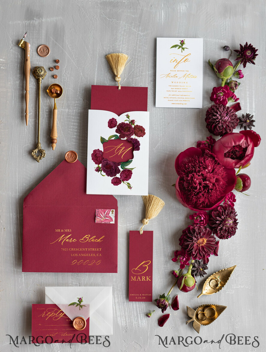 WEDDING INVITATIONS gold / rose gold / silver / glitter Red wedding invitations, red and white wedding invitations, red and gold wedding invitations, vellum paper, vellum envelope, tracing paper, envelope liner, red flowers, floral wedding invitations, deep red wedding invitations, dark red cards, gold tassel, golden tassel, pocket wedding invitations, gold wedding, gold foil print out, red and gold wedding, floral design, graphic design, wax seals, envelope addressing