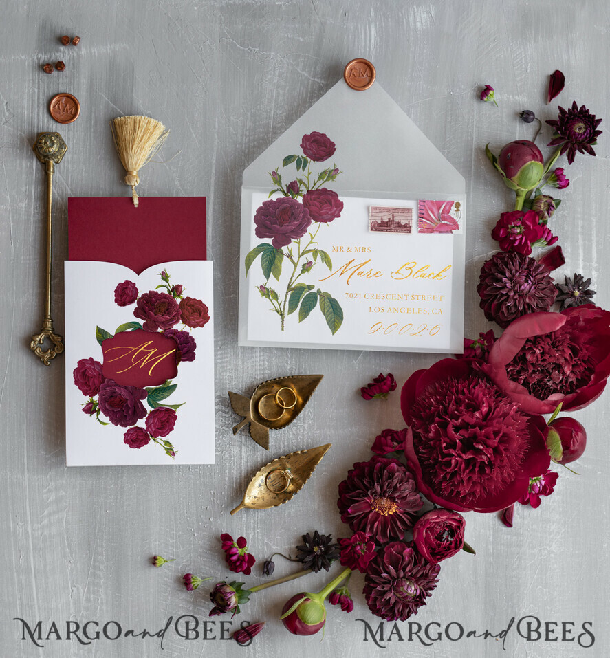 WEDDING INVITATIONS gold / rose gold / silver / glitter Red wedding invitations, red and white wedding invitations, red and gold wedding invitations, vellum paper, vellum envelope, tracing paper, envelope liner, red flowers, floral wedding invitations, deep red wedding invitations, dark red cards, gold tassel, golden tassel, pocket wedding invitations, gold wedding, gold foil print out, red and gold wedding, floral design, graphic design, wax seals, envelope addressing