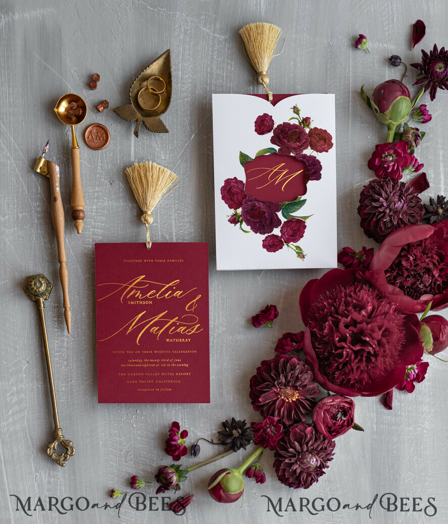WEDDING INVITATIONS gold / rose gold / silver / glitter Luxury Arabic Wedding Invitation Suite, Golden Shine Wedding Invitations, Glamour Burgundy Indian Wedding Cards, Floral Pocket Wedding Invites With Gold Tassel