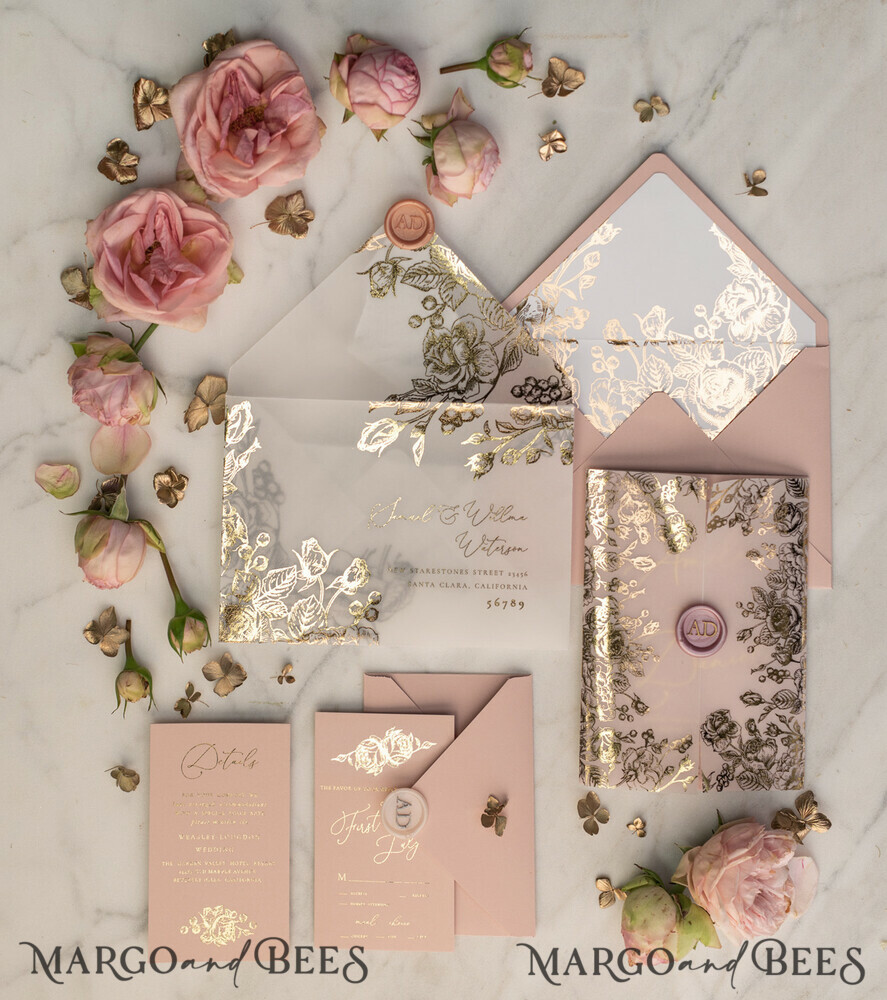 HOCHZEITS EINLADUNGEN Gold / Roségold / Silber / Glitzer Luxuriöse goldene Hochzeitseinladungen, maßgeschneiderte Hochzeits Einladungskarten in zartem Rosé, elegante Pergament-Hochzeitskarten mit Goldfolie, glamouröse Hochzeits Einladungen.
