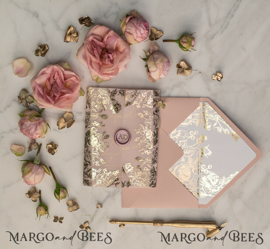 HOCHZEITS EINLADUNGEN Gold / Roségold / Silber / Glitzer Luxuriöse goldene Hochzeitseinladungen, maßgeschneiderte Hochzeits Einladungskarten in zartem Rosé, elegante Pergament-Hochzeitskarten mit Goldfolie, glamouröse Hochzeits Einladungen.