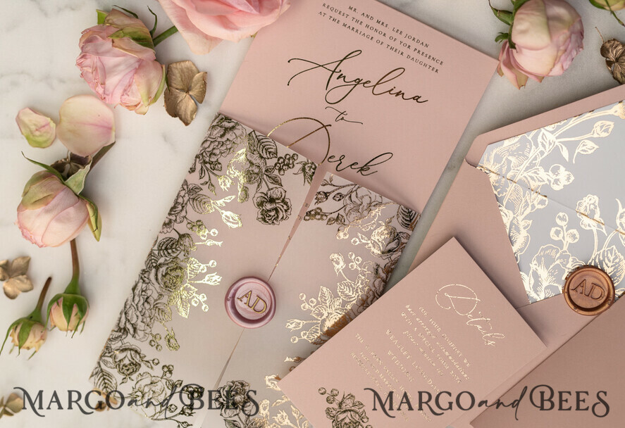 HOCHZEITS EINLADUNGEN Gold / Roségold / Silber / Glitzer Luxuriöse goldene Hochzeitseinladungen, maßgeschneiderte Hochzeits Einladungskarten in zartem Rosé, elegante Pergament-Hochzeitskarten mit Goldfolie, glamouröse Hochzeits Einladungen.