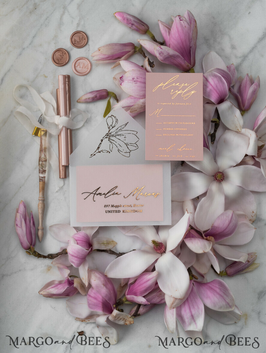 WEDDING INVITATIONS gold / rose gold / silver / glitter Luxury Gold Foil Wedding Invitations, Elegant Magnolia Flower Wedding Invites, Glamour Blush Pink Wedding Cards, Bespoke Vellum Wedding Stationery