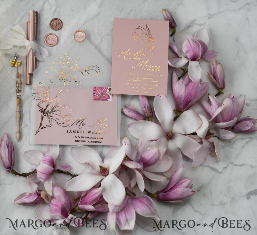 WEDDING INVITATIONS gold / rose gold / silver / glitter Luxury Gold Foil Wedding Invitations, Elegant Magnolia Flower Wedding Invites, Glamour Blush Pink Wedding Cards, Bespoke Vellum Wedding Stationery