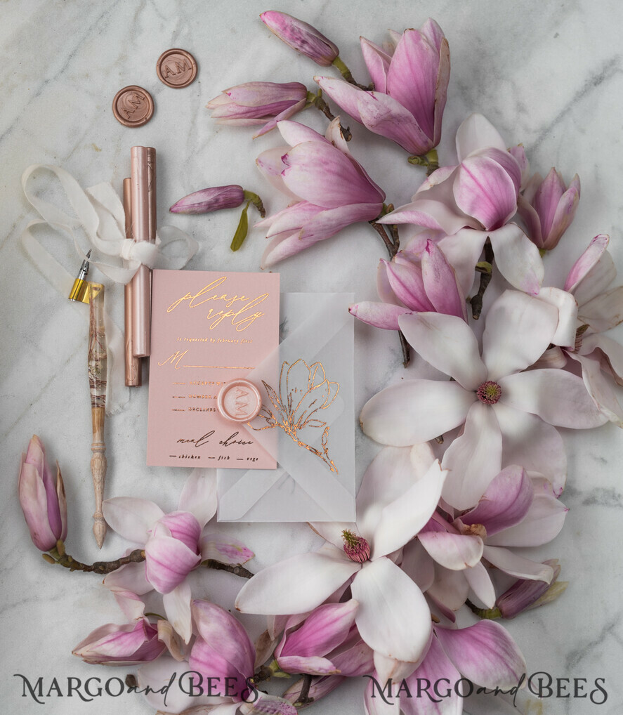 WEDDING INVITATIONS gold / rose gold / silver / glitter Luxury Gold Foil Wedding Invitations, Elegant Magnolia Flower Wedding Invites, Glamour Blush Pink Wedding Cards, Bespoke Vellum Wedding Stationery
